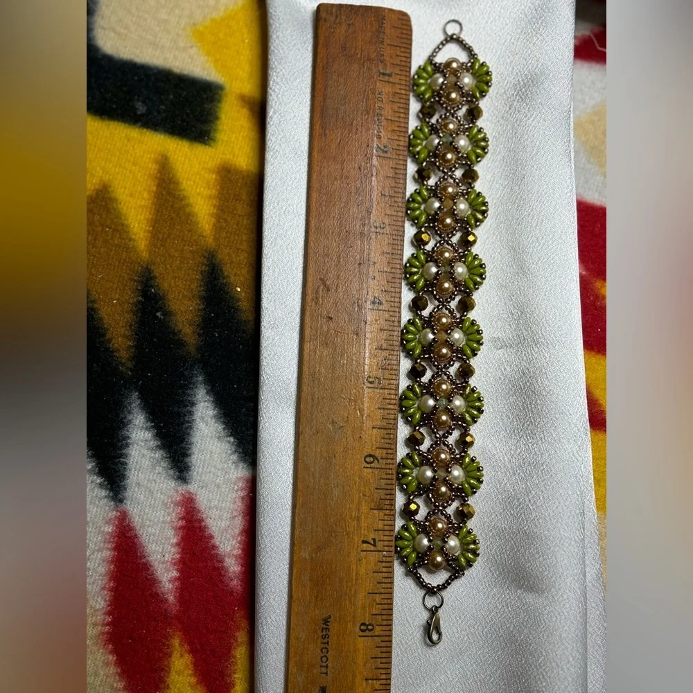 Hand crafted bracelet beige gold pearls tourmalines olive bronze beads gift box - Picture 7 of 10